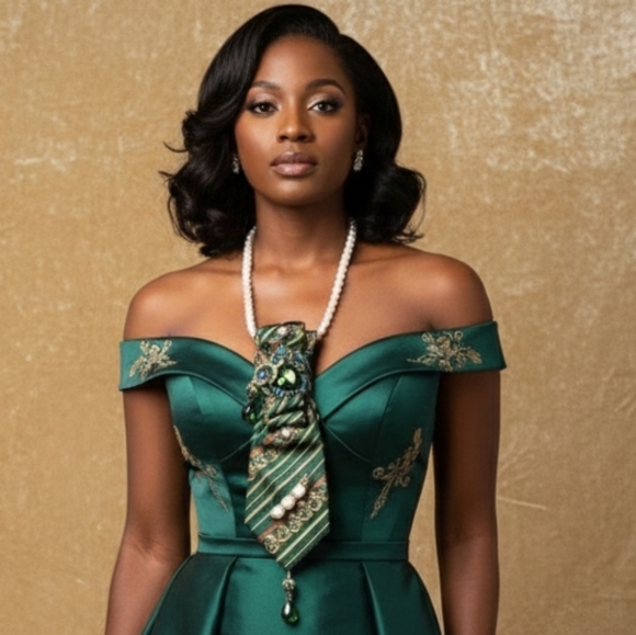 Handcrafted Luxury Fashion Necktie Necklace 📿 (Emerald City Girl) - Picture 3 of 16